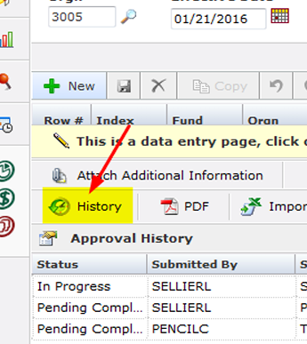 a screenshot of a red arrow pointing to "history" button in the Millennium program.