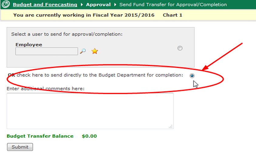 A screenchot of Millennium program, there is a red circle around "check here to send directly to the Budget Department for completion".