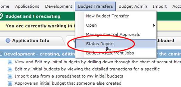 A red circle outlines "Status Report" under "Budget Transfers" in the Millennium program.