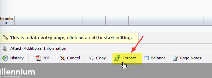 A red arrow points to the "Import" button in the Millennium program.