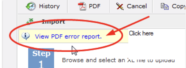 A red circle and a red arrow are around "View PDF error report." button in the Millennium program.