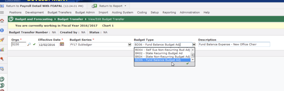 A cursor hovers over BD06 under "Budget Type" in the WWU FAST portal.