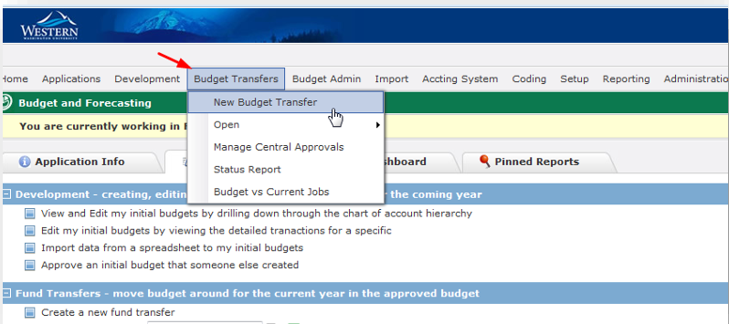 select "Budget Transfers" in the top menu then click "New Budget Transfer"