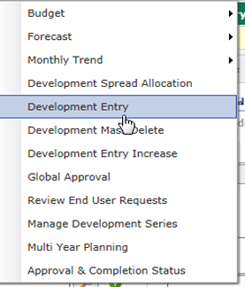 In the Millennium program, the users cursor hovers over "Development Entry".