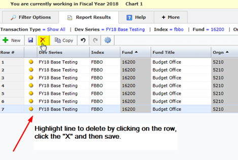 In the Millennium program, a red arrow points to "FY18 Base Training" line, and there is a comment next to the red arrow syaing "Highlight line to delete by clicking on the row, click the "X" and then save."