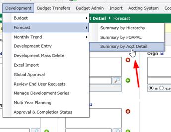 In the Millennium program, a red arrow points to "Summary by Acct Detail" under "Forecast" under "Development".