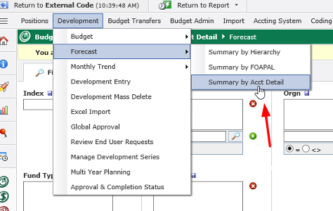 A screenshot of the Millennium program showing Development>Forecast>Summary by Acct Detail, with a read arrow pointing to "Summary by Acct Detail".