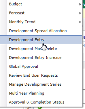 A screenshot of the Millennium program with the cursor hovering over "Development Entry".