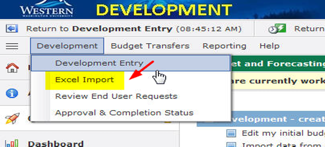 In the Millennium program, a red arrow points to the highlighted "Excel Import" under Development>Development entry.