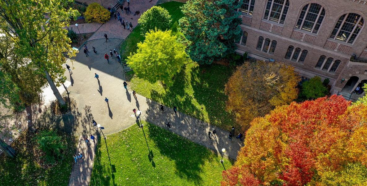 An ariel view of students walking on campus. 